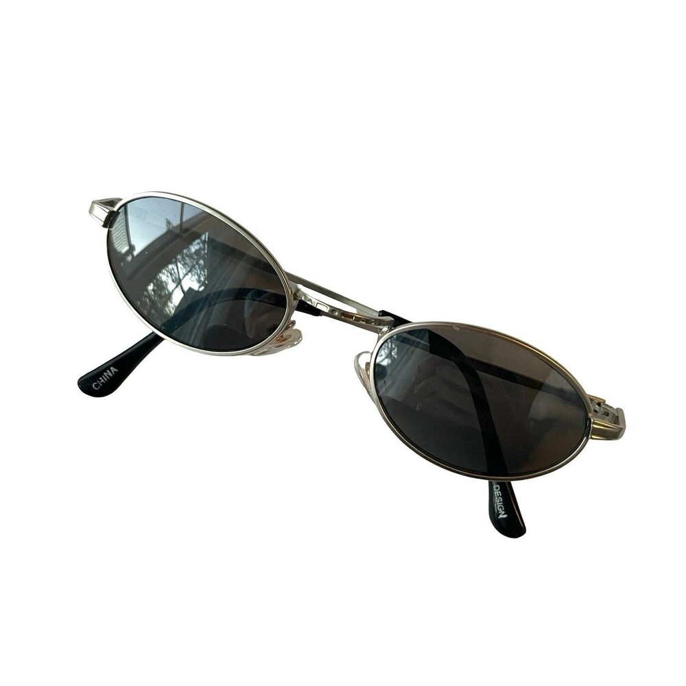 Y2K Oval Sunglasses Silver Metal Black Smoke Lens Retro 90s Cyber Indie Sleaze